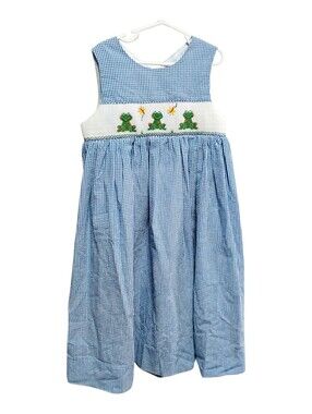 Smocked Frocks Hand Smocked Jumper Dress Blue Gingham Frog Girls Size 7